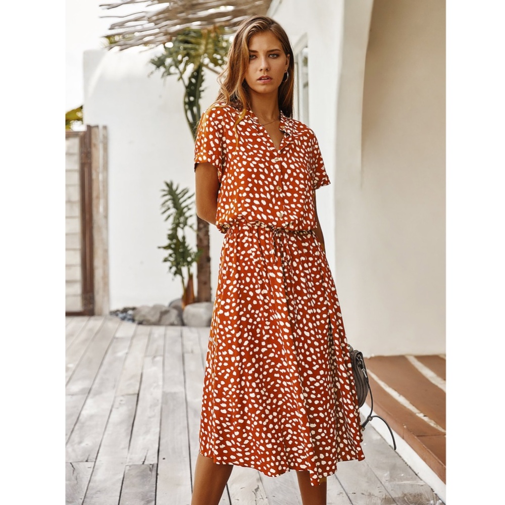 Spotted Print Drawstring Waist Shirt Dress Midi - Picture 3 of 11